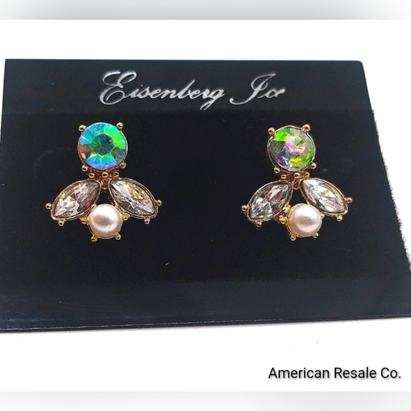 Vintage Eisenberg Ice Aurora Borealis Crystal Pearl Dangle Drop Earrings in Gold - Picture 2 of 4